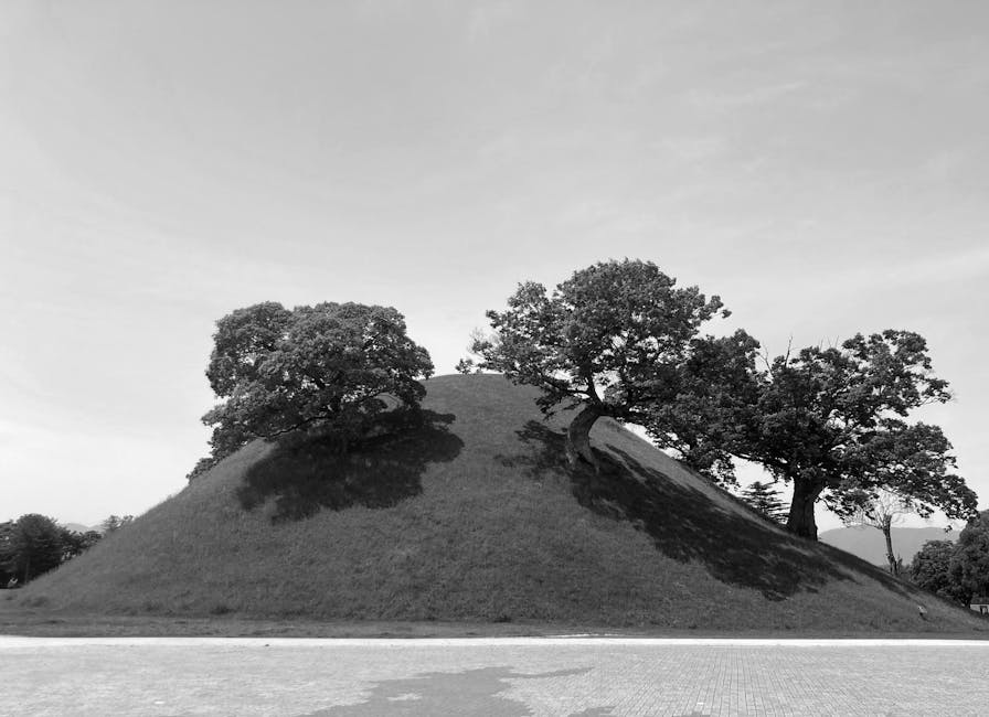 Etowah Mounds: Elite-Bestattungen in Georgia – Ruhiges Schwarzweißbild, das einen alten koreanischen Grabhügel zeigt, der …