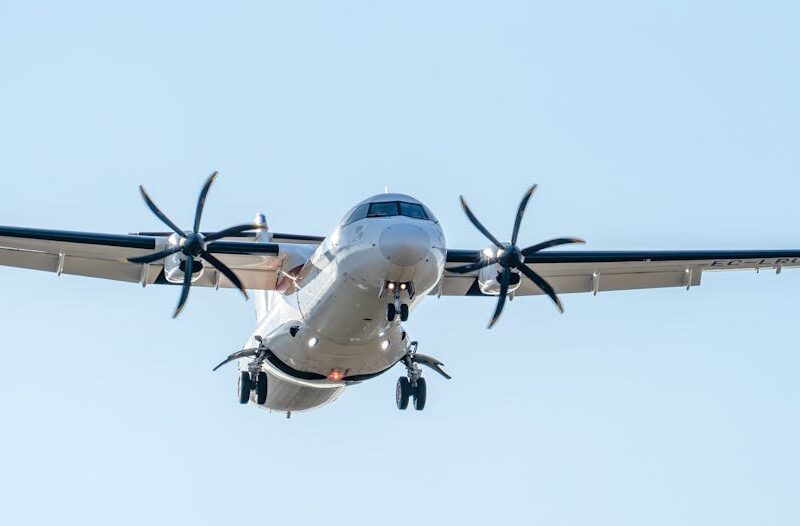 Mound 72: Das Massengrab von Cahokia – Nahaufnahme eines ATR 72-Flugzeugs bei der Landung in Manises, Valencia, Hintergrun…