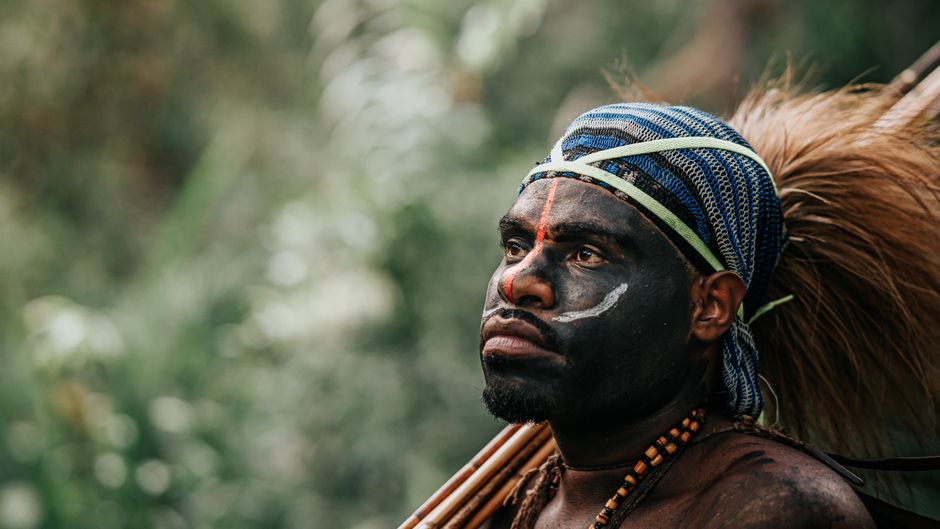 Davi Kopenawa: Die Stimme der Yanomami und ihr Kampf – Ein Mann mit bemaltem Gesicht und traditioneller Kleidung stellt im…